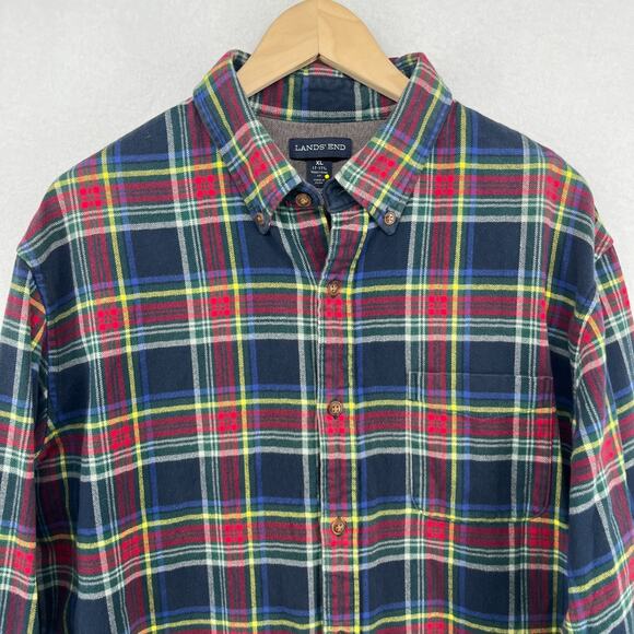 LANDS END Shirt Mens XL 17-17.5 Plaid Traditional Fit Flannel Button Down Blue - Picture 4 of 14